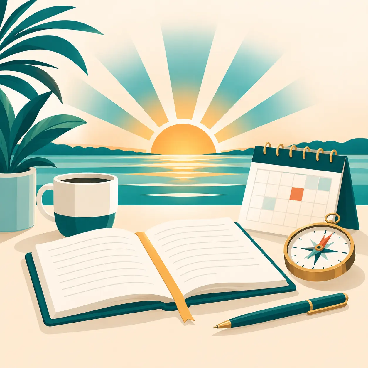 Illustration of an open notebook, calendar, compass, and pen at sunrise. No people are shown.
