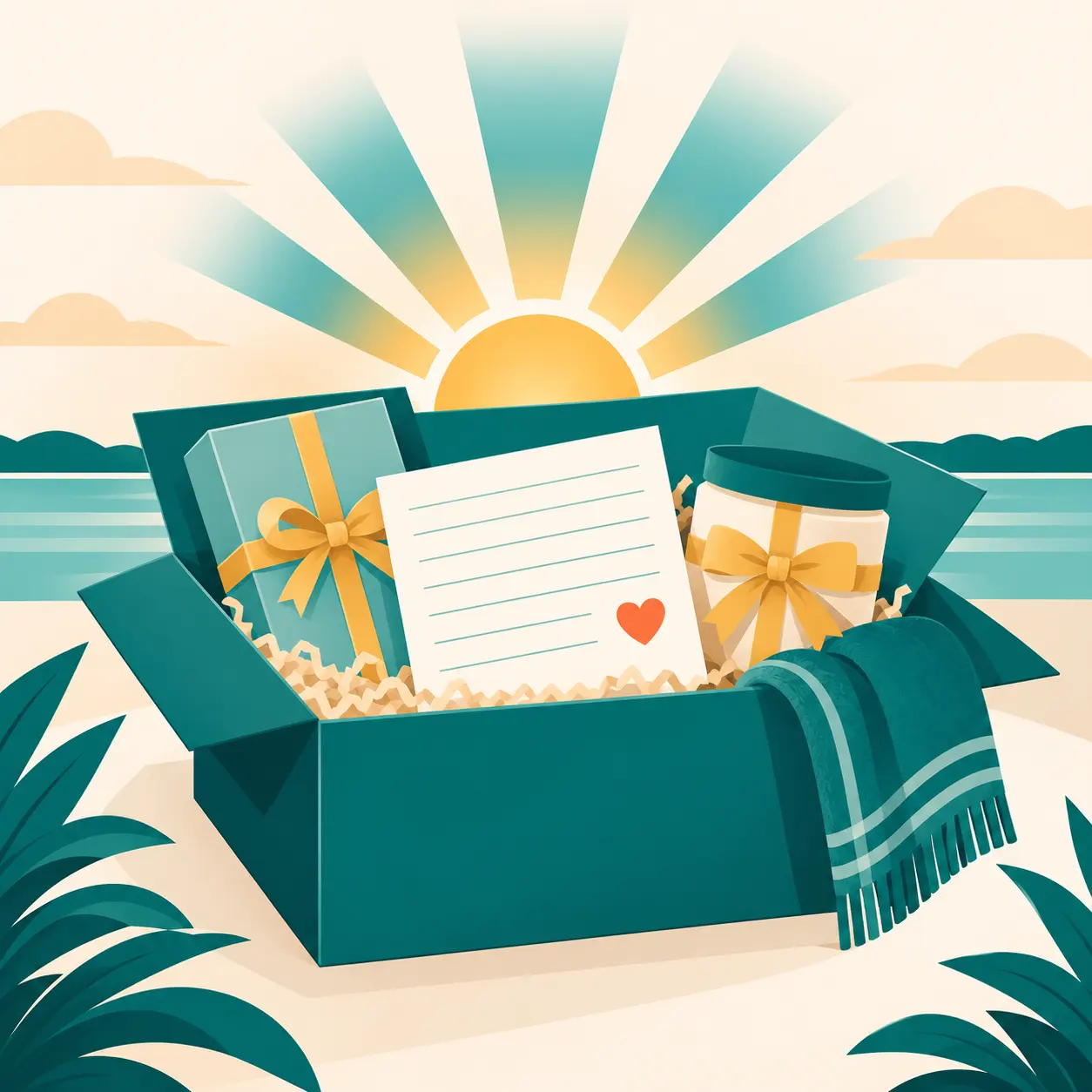 Illustration of an open care box with a note, wrapped items, and a blanket at sunrise. No people are shown.