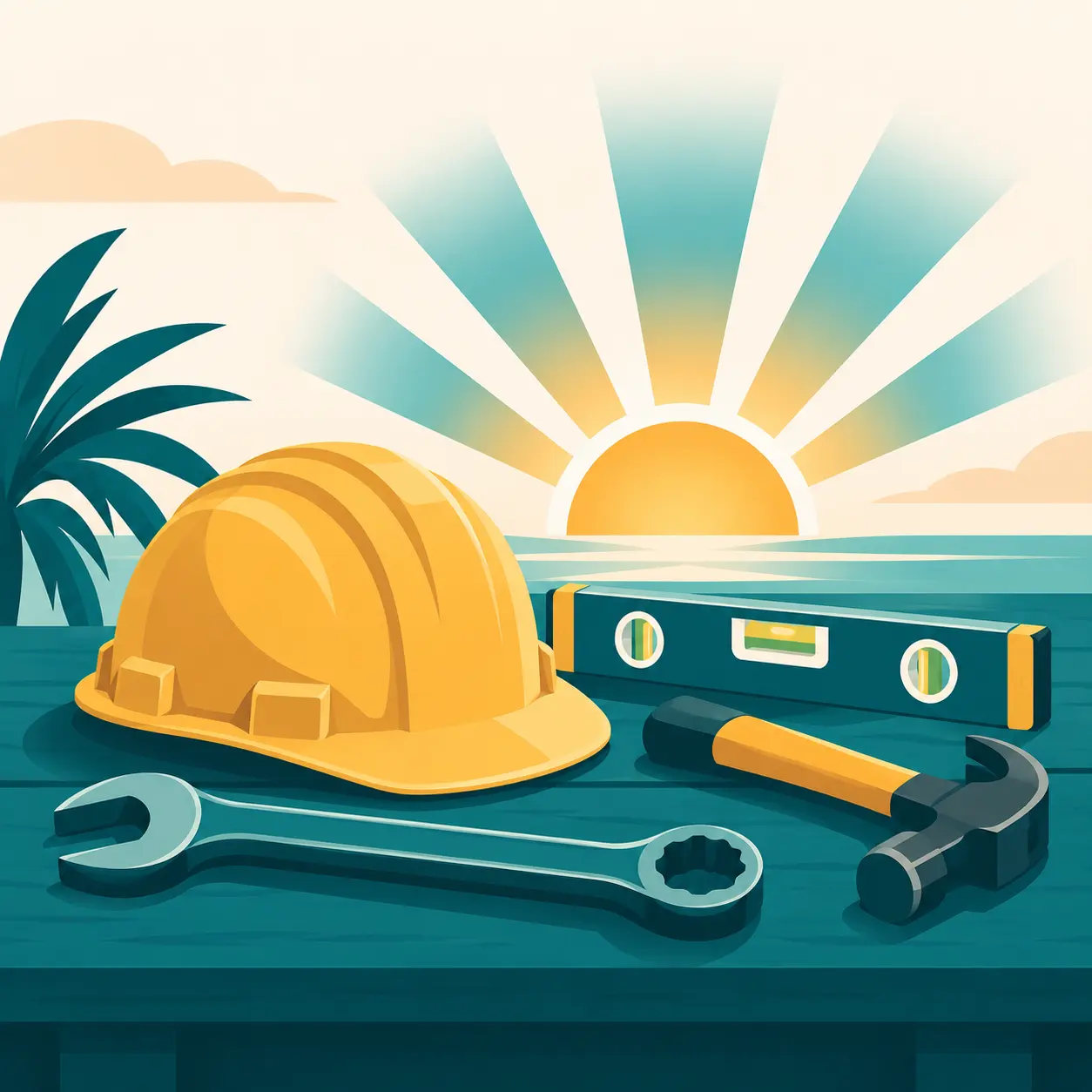 Illustration of a hard hat, wrench, hammer, and level on a workbench at sunrise. No people are shown.